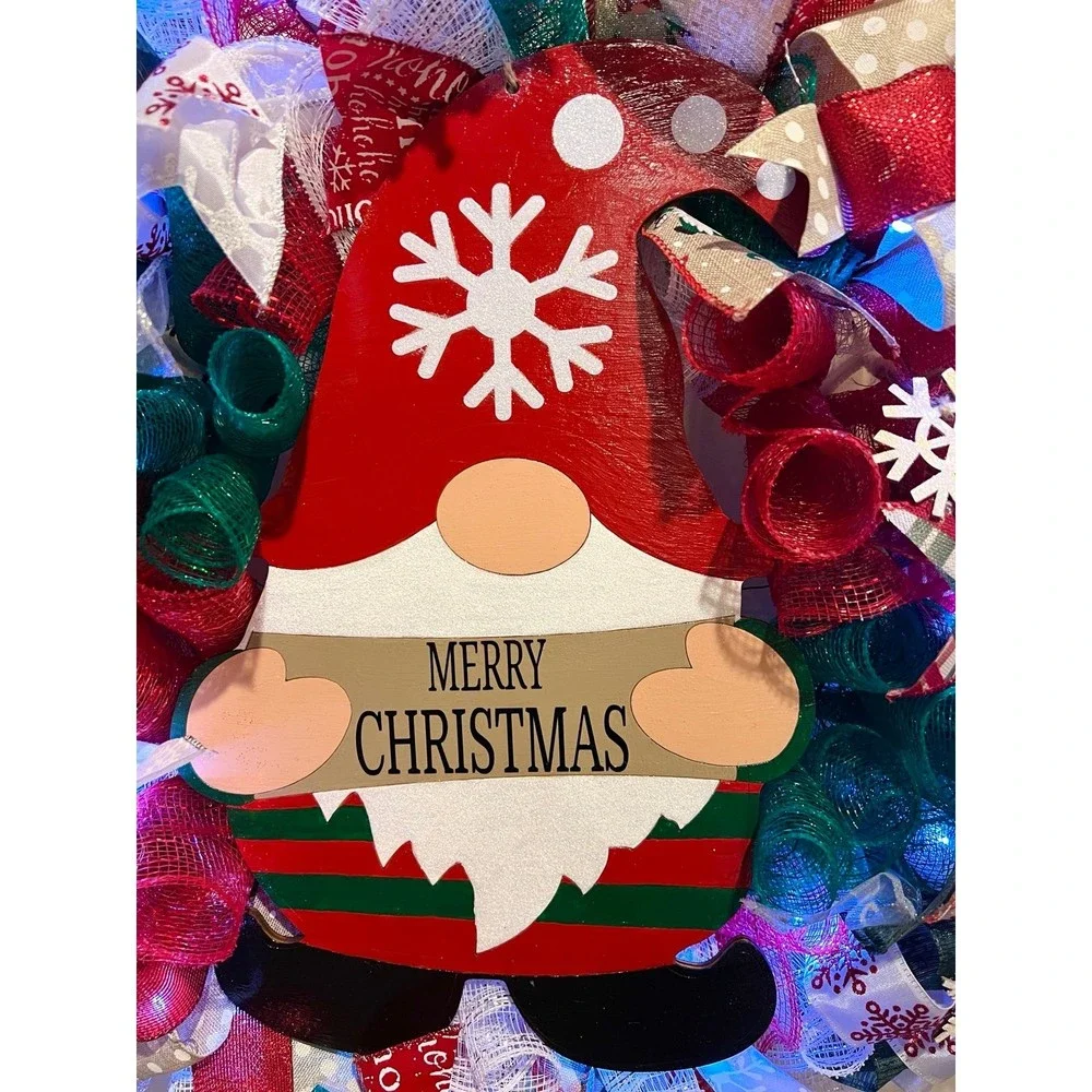 Christmas Snowflake Gnome Holiday Ribbon Door Wreath Handmade 22 ins LED W10